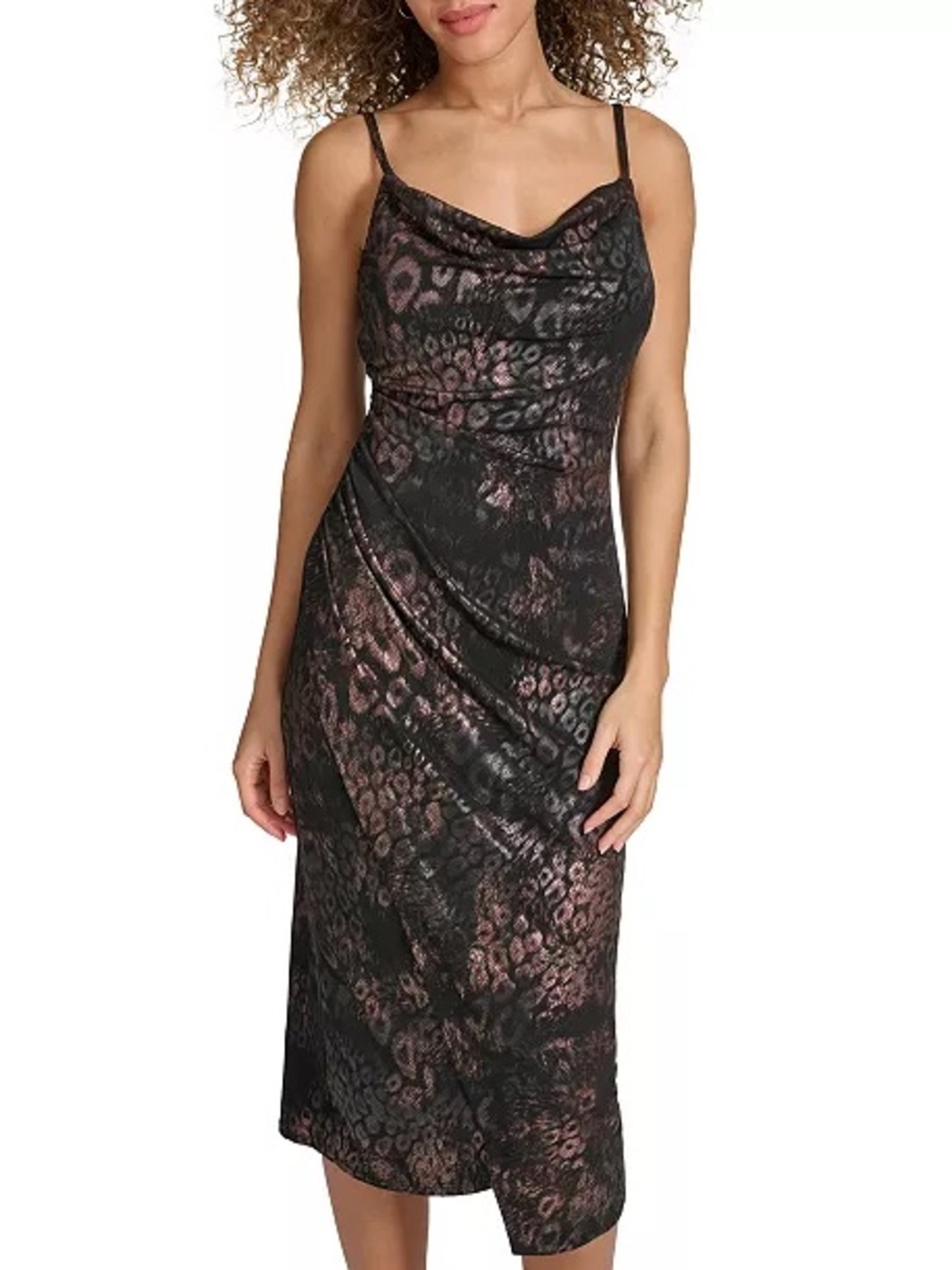 Siena Studio Black Slip Dress with Rose-Toned Animal Print